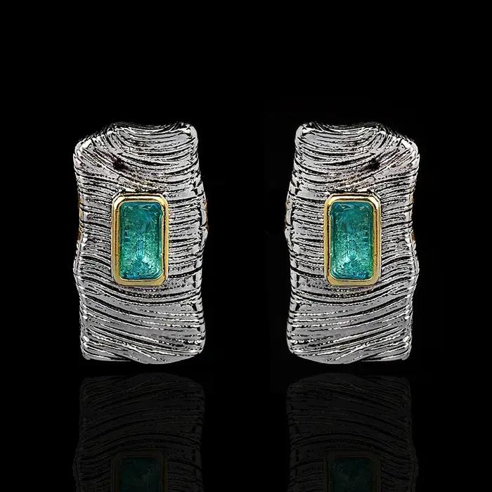 Boucles d'Oreilles Rétro en Argent Naturel pour Femme, Bijoux Créatifs, Faits à la Main, Noir et Or