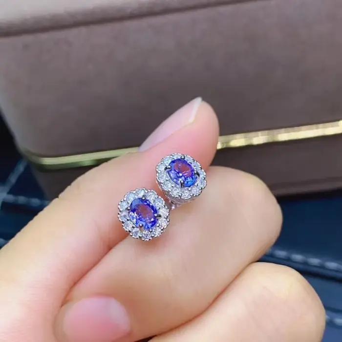 Boucles d'oreilles en argent 925 avec tanzanite naturelle pure, style de conception simple classique