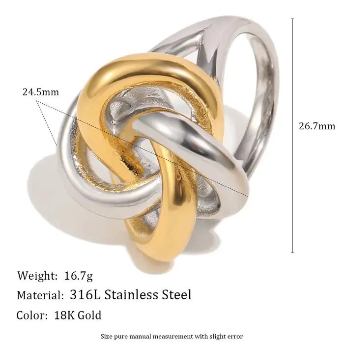 E.B.belle Série Line Knotting Bague à deux tons, Bague chaîne en O, Bague croix en arc, Plaqué or, P