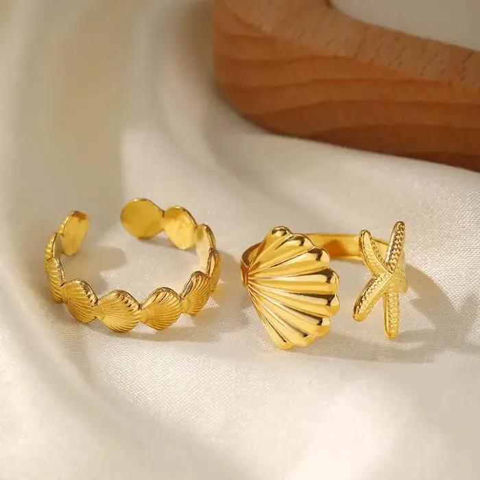 Anneau en acier inoxydable coquille d'étoile de mer vintage doré pour femmes et hommes occasions spéciales et cadeaux de fête sur la plage