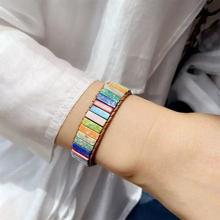Bracelet bohème multicolore en pierre impériale, 7 chakras, pierres rectangulaires, bracelet en corde de cuir, bijoux de poignet K0