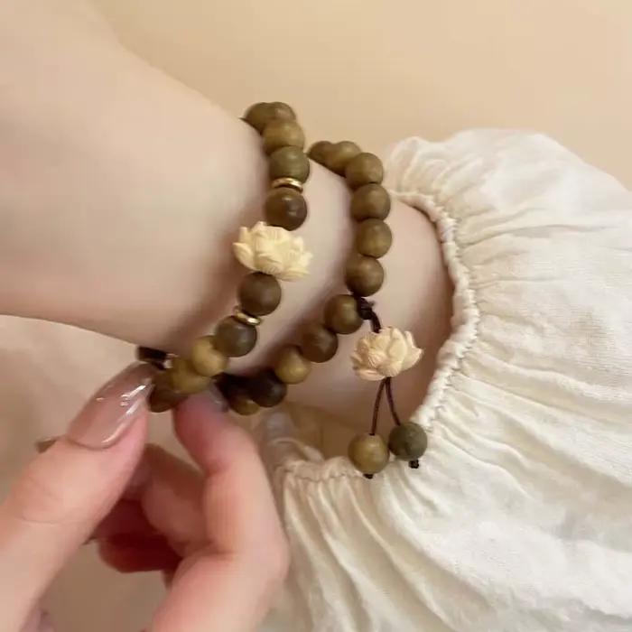Bracelets Vintage en bois avec pendentif fleur de Lotus pour femmes et filles