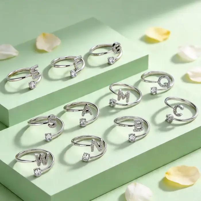 Bagues Chic en Zircon avec Initiale A-Z pour Femmes et Filles