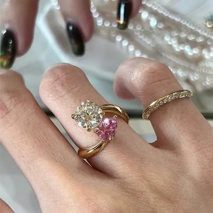 Bagues en diamant rose double couleur en forme de gouttelette d'eau pour femmes