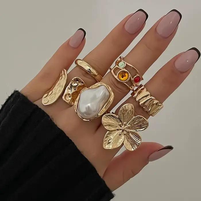 Ingemark 2025 nouveau irrégulier exagéré métal fleur anneaux ouverts femmes élégant Baroque Imitation perle anneau bijoux accessoires