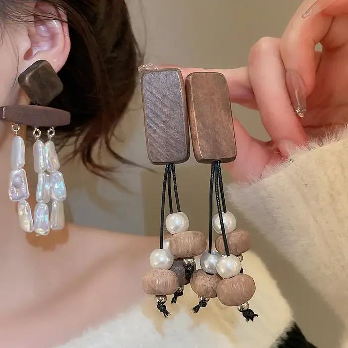 Boucles d'oreilles Vintage en bois faites à la main pour femmes