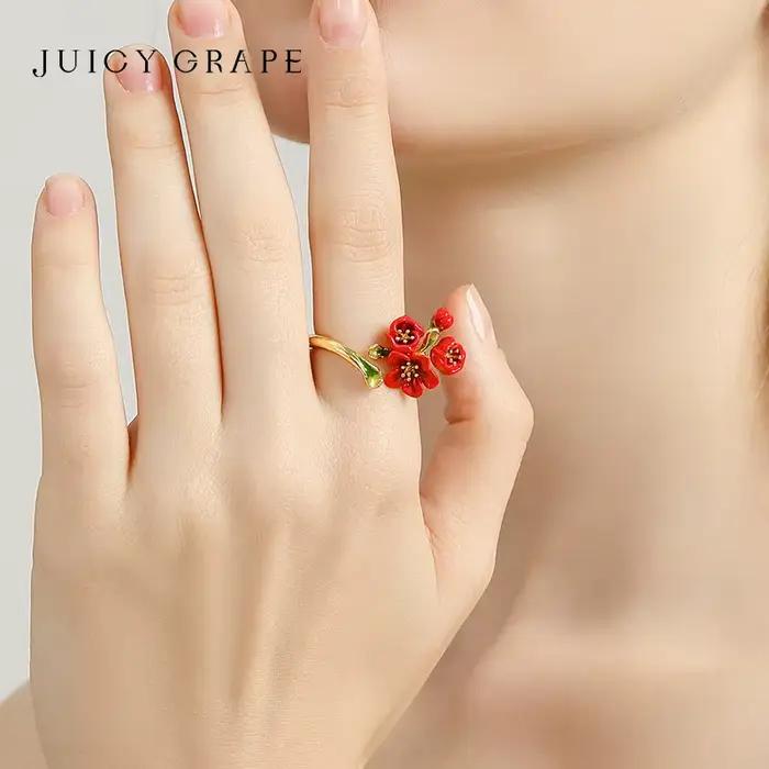 Bague en émail fleur de bégonia rouge plaquée or 18k zirconium pour femme occasions spéciales cadeau anniversaire noël