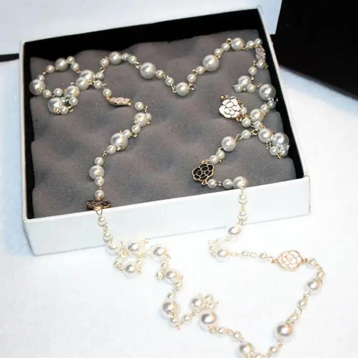 Long collier de perles simulées pour femmes fleur Double couche collane lunghe donna camélia maxi