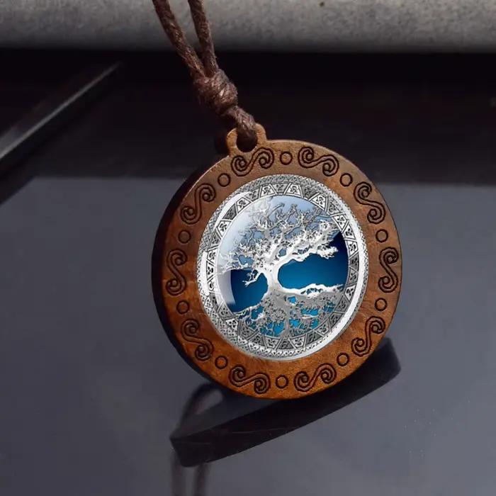 Collier en bois arbre de vie cabochon en verre pendentif ajustable pour femmes et hommes bijou vintage occasionnels