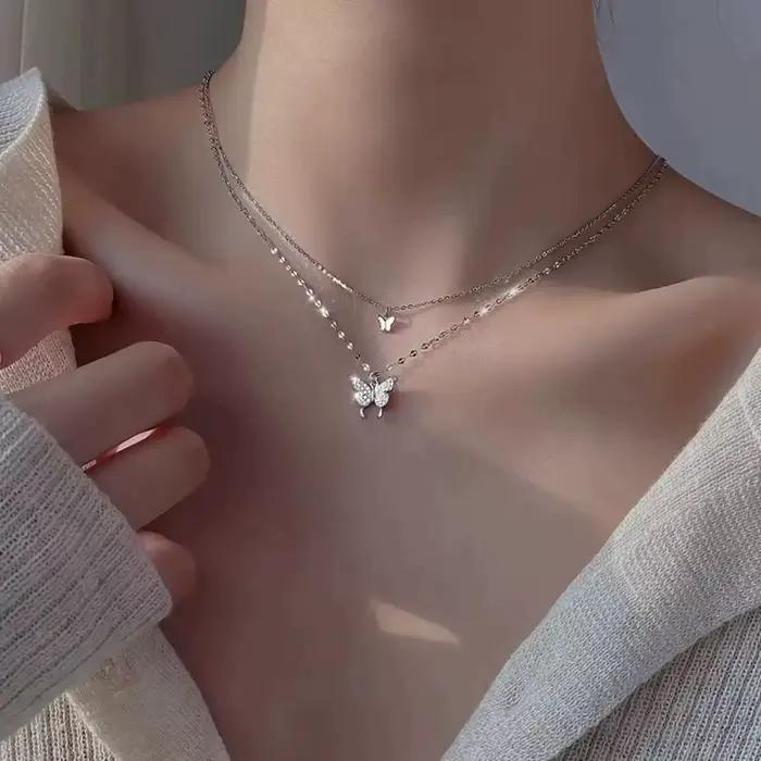 Collier papillon brillant pour femmes, pendentif exquis, Double couche, chaîne de clavicule, bijoux