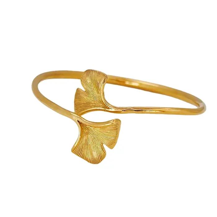 Bracelet manchette feuille de Ginkgo couleur or pour femmes