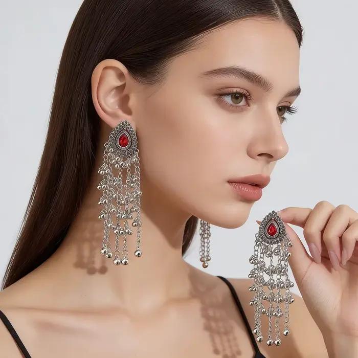 Boucles d'oreilles longues ethniques vintage pour femmes, luxe, zircon rouge, perles en forme de goutte d'eau, boucles d'oreilles à pampilles, esthétique, mariage, fiançailles, bijoux