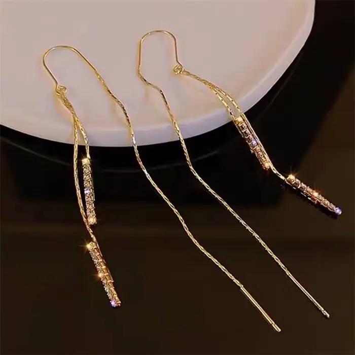 Boucles d'oreilles dorées de luxe pour femmes, frange en strass, Zircon suspendu, brillant, déclaration de mariage, bijoux cadeaux de fête, nouvelle collection 2024