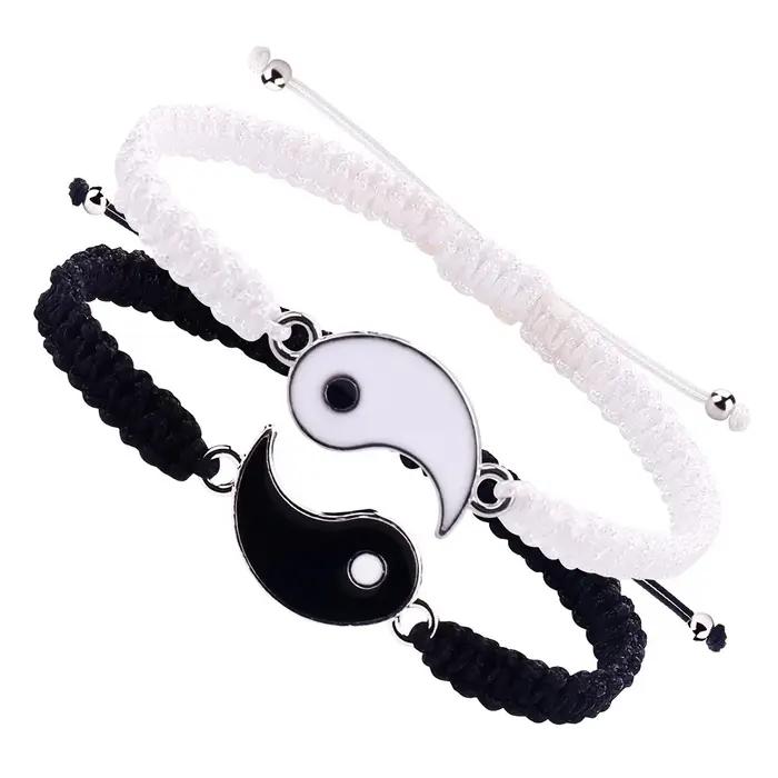 1 lot de 2 bracelets de réglage télescopique tressés en corde Yin et Yang simples Tai Chi Bagua noir