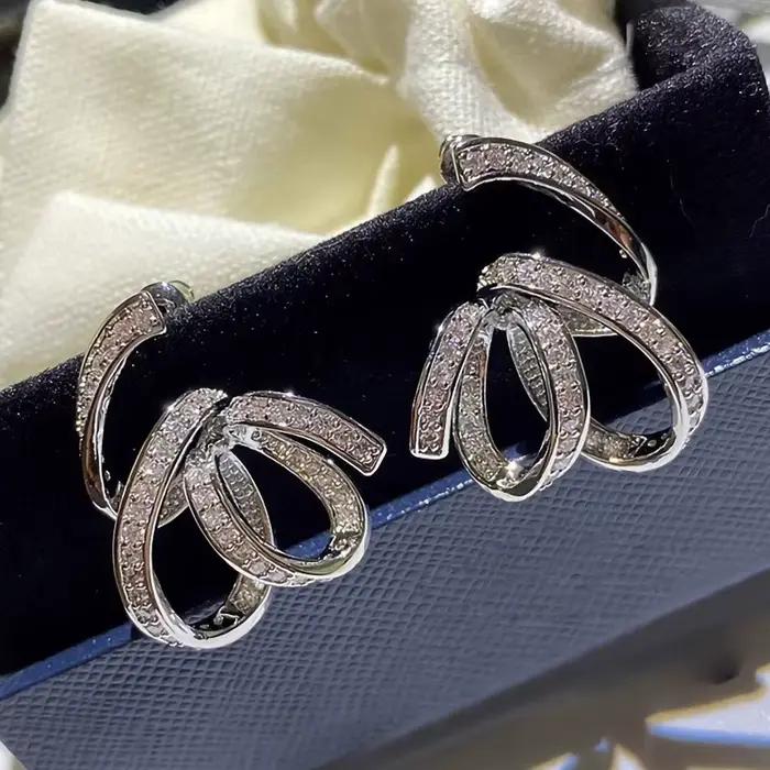 Boucles d'oreilles en forme de ruban pour femmes, bijoux de luxe en argent Sterling 925 et zircone brillant pour fête de cérémonie de fiançailles