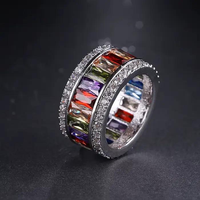 Bague éternité pour femme, couleur bleu cristal, ton argenté, entièrement pavée de CZ, bijoux de déclaration pour mariage et fiançailles