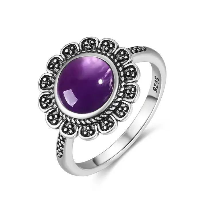Bague Vintage en argent Sterling S925, ovale, ronde, améthyste naturelle, en forme de soleil et de fleur, bijoux fins rétro pour femmes et hommes
