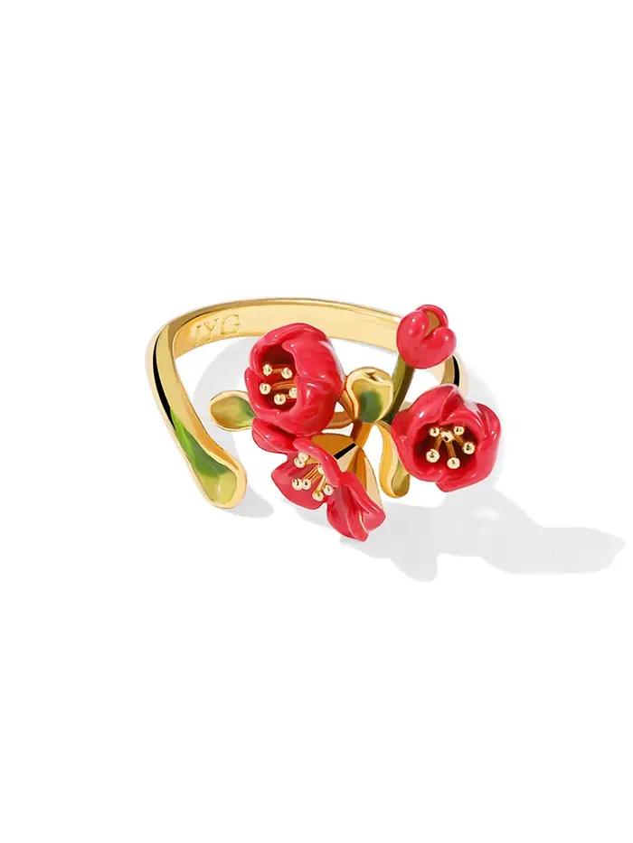 Bague en émail fleur de bégonia rouge plaquée or 18k zirconium pour femme occasions spéciales cadeau anniversaire noël