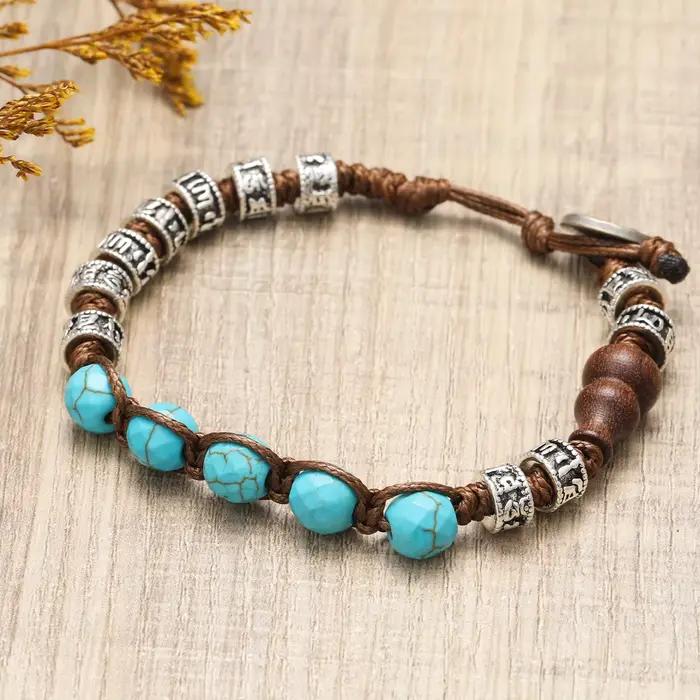 Bracelet tibétain fait à la main pierre semi-précieuse alliage de zinc style religieux bouddhisme tibétain cadeau symbolique pour femmes hommes occassions spéciales meditation guerison chance paix