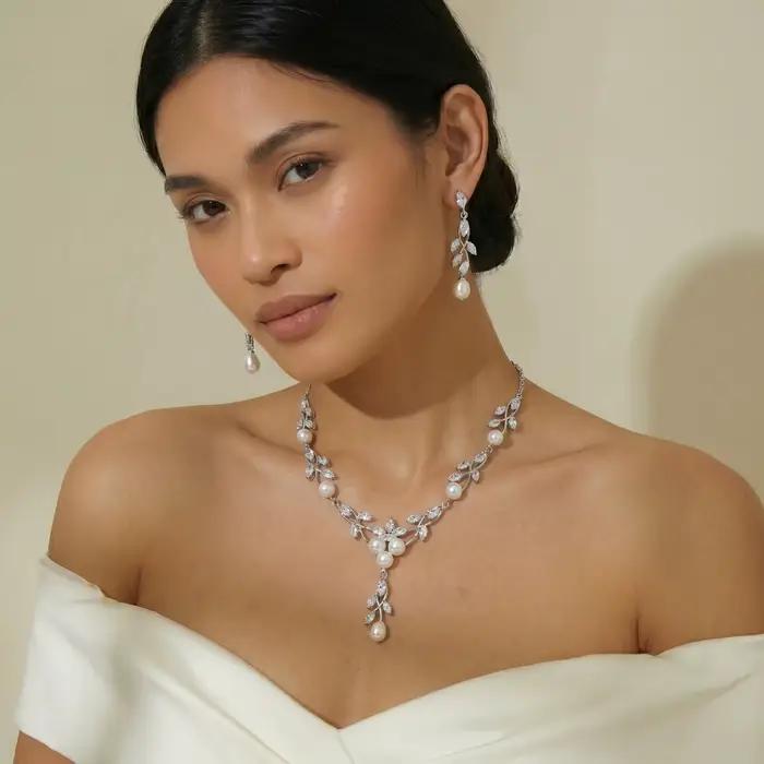 Ensemble de bijoux pour femmes, 2 pièces, collier et boucles d'oreilles de luxe en zircone et perles, accessoires de bijoux pour fête, bal, mariage, cadeau