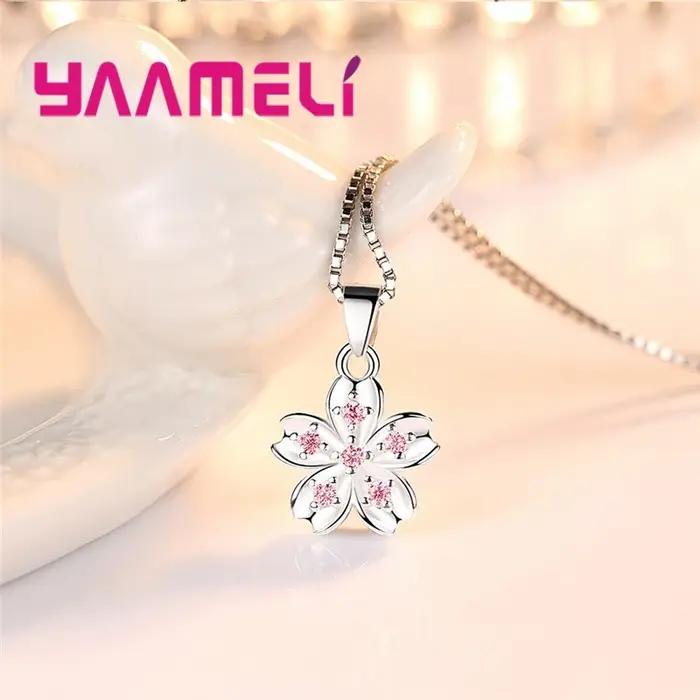 Joli bijoux en argent Sterling 925 Kawaii Sakura fleurs rose zircon cubique charmant pendentif collier avec chaînes