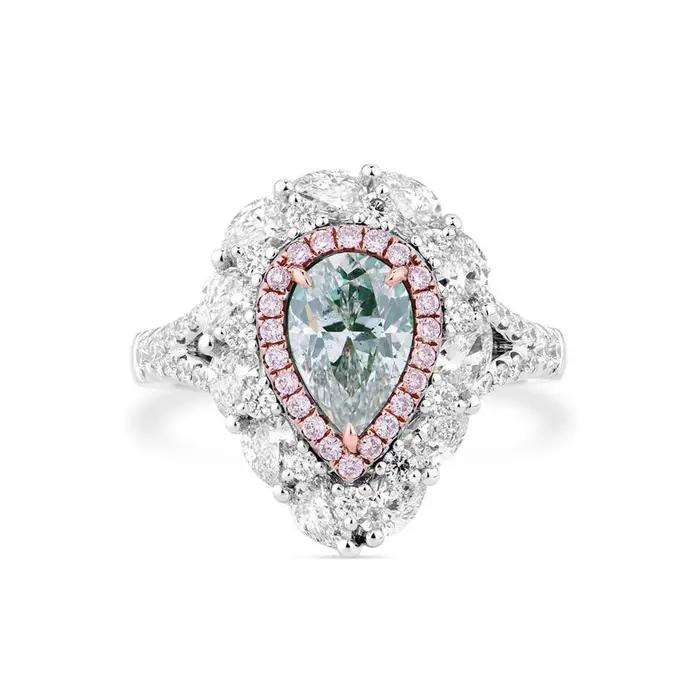 Bague de fiançailles en moissanite bleu vert en forme de poire