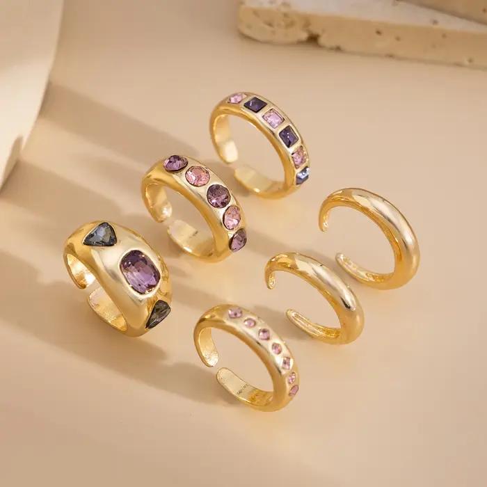 Salircon 6 pièces/ensemble incrusté de zircon violet ensemble de bagues d'ouverture réglable femmes bague de couleur or lisse pour femme bijoux quotidiens cadeau