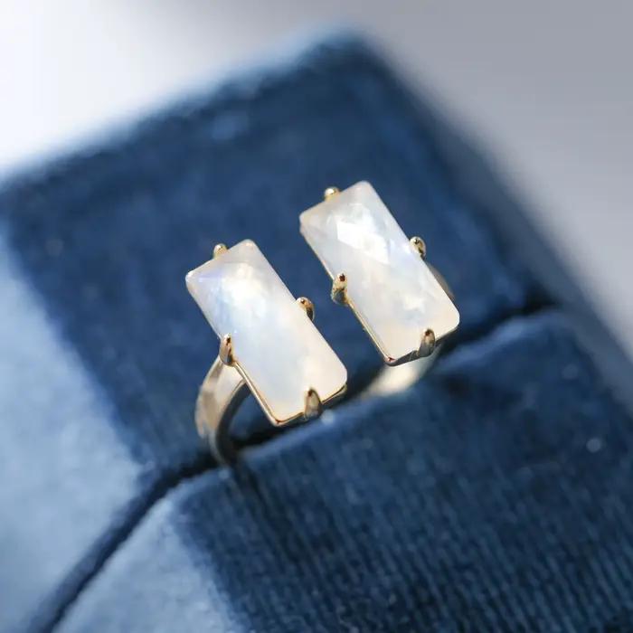 Bague de fiançailles en pierre de lune naturelle, coupe Baguette, en argent Sterling 925, bande réglable pour femmes, pierre bleue, cadeaux de promsie