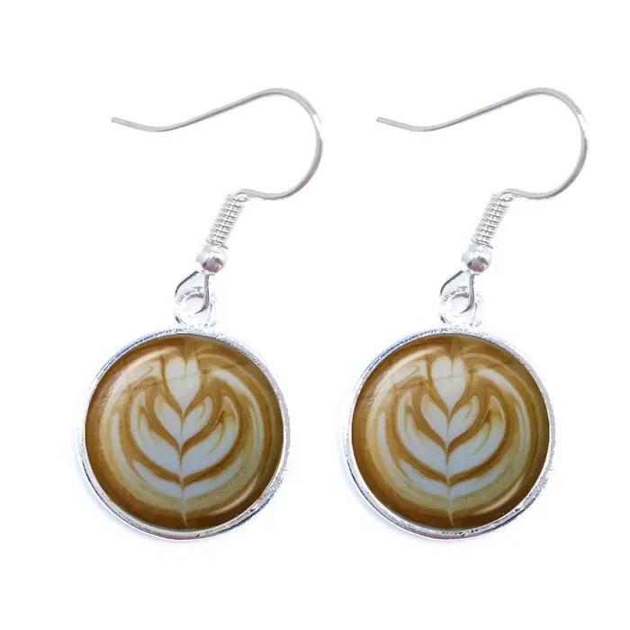 Café Latte sculpture amour coeur Art boucles d'oreilles chocolat impression fleur trèfle à quatre feuilles charme bijoux pour femmes filles cadeau