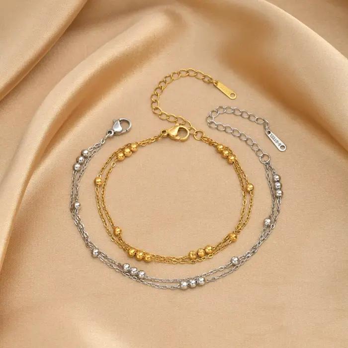 Bracelet délicat double couche à billes pour femme, minimaliste, avec chaîne de perles Satellite Station, plaqué or 18 carats, bijoux étanches