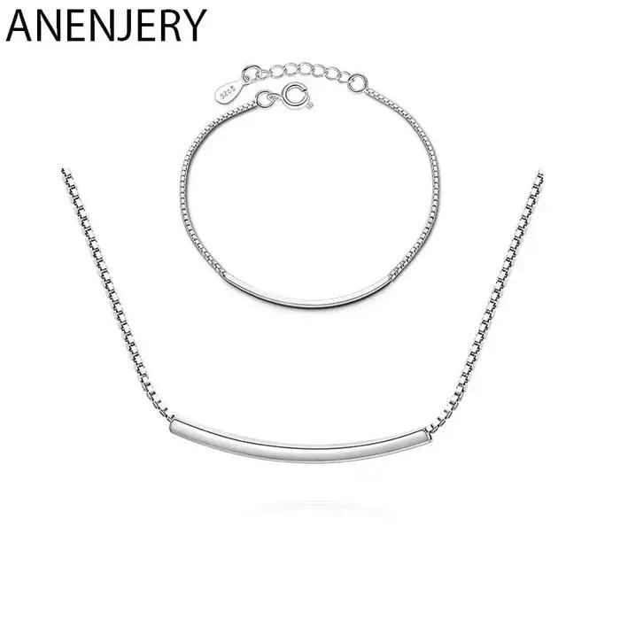 ANENJERY Dainty 925 en argent Sterling Tube incurvé collier + Bracelet ensembles de bijoux pour les