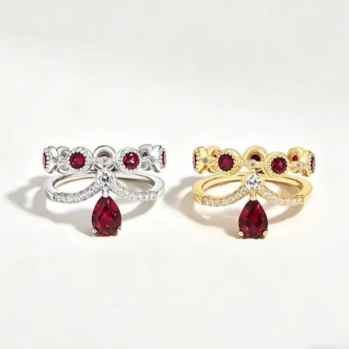 Bague Couronne Double Bande de Luxe avec Zircon Rubis Goutte d'Eau