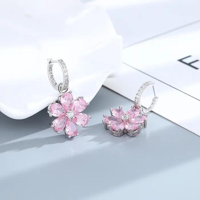 Ensemble de Bijoux en Argent Sterling 925 avec Fleurs Roses et Perles pour Occasions Spéciales Femme