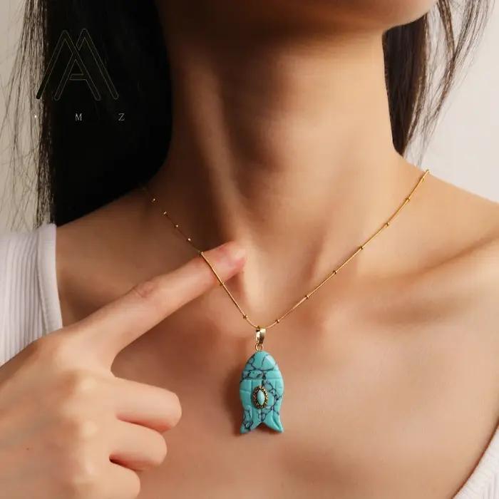 Collier en forme de poisson améthyste naturelle Malachite pendentif colliers bohème Mini