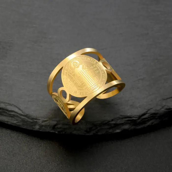 Skyrim Saint benoît de Nursia bague en acier inoxydable couleur or bague saint chrétien bijoux religieux cadeau pour hommes femmes