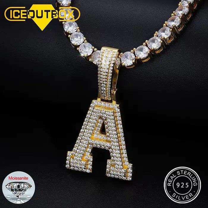 Moissanite A-Z Lettre Bijoux Collier Femmes Iced Out Prong Pendentif Personnalisé Charms Ared Super Star Hip Hop Punk