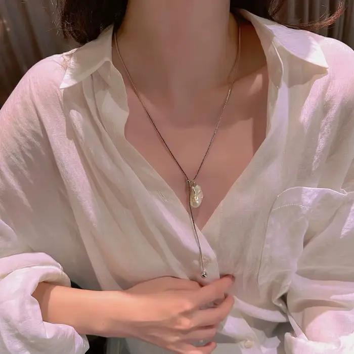 LATS – collier Long en acier inoxydable avec perles baroques pour femmes