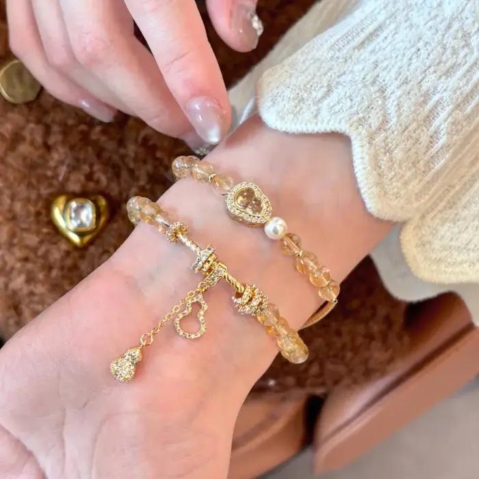 Bracelet Double Cercle en Cristal Rose Naturel et Améthyste