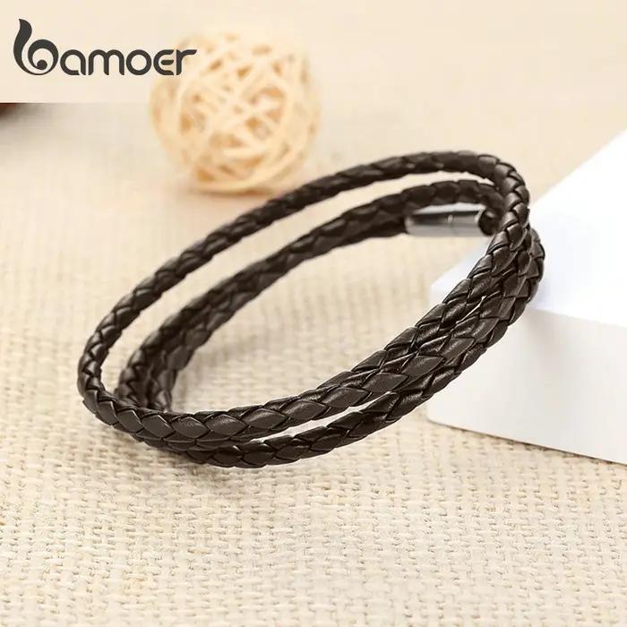 BAMOER Bracelet en cuir PU multicouche tressé longue chaîne boucle magnétique réglable unisexe pour femmes et hommes bijoux empilables