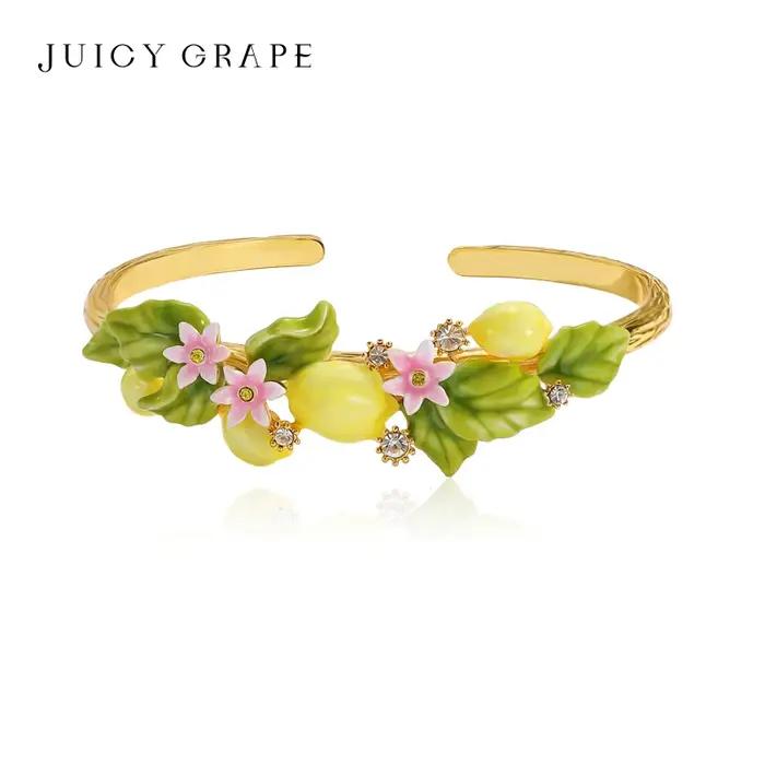 Bracelet Citron Émaillé Plaqué Or 'Juicy Grape' Femme Bohème Réglable Occasions Spéciales Fleur Fruit Jaune