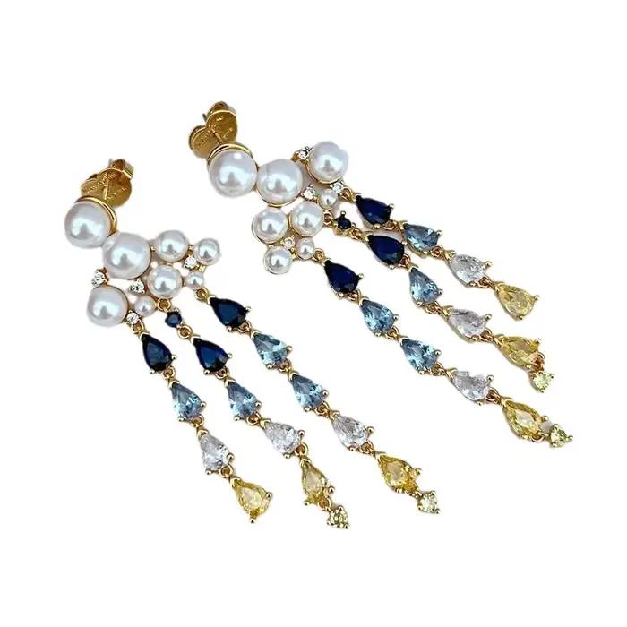 Edward Era rétro perle Bijoux pour femmes 14K or rempli bleu pierre précieuse