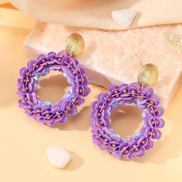 INKDEW paillettes à la main boucles d'oreilles rondes pour les femmes filetage grandes longues