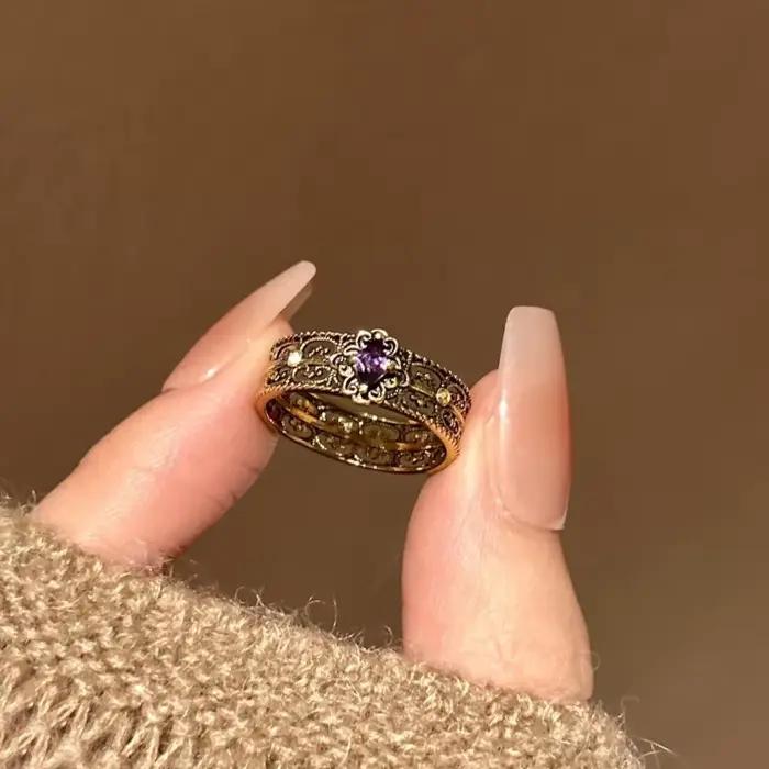 Bagues vintage en diamant violet ajouré pour femmes, noir et doré, à la mode, style hip-hop, pour banquet, bijoux fins, cadeau