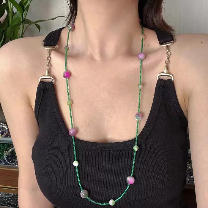 Collier Long élégant en Jade vert et pierres précieuses roses pour femmes