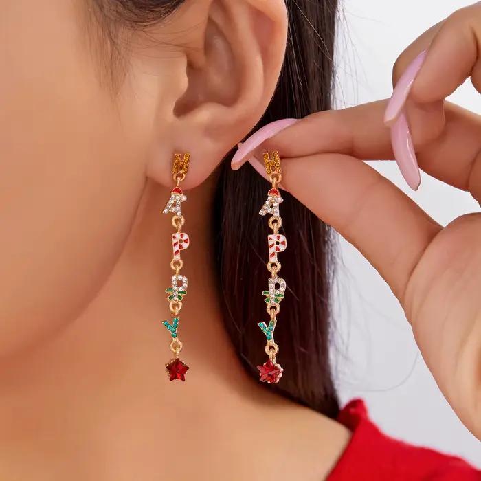 Boucles d'oreilles à pampilles «HAPPY» en cristal coloré de noël pour femmes
