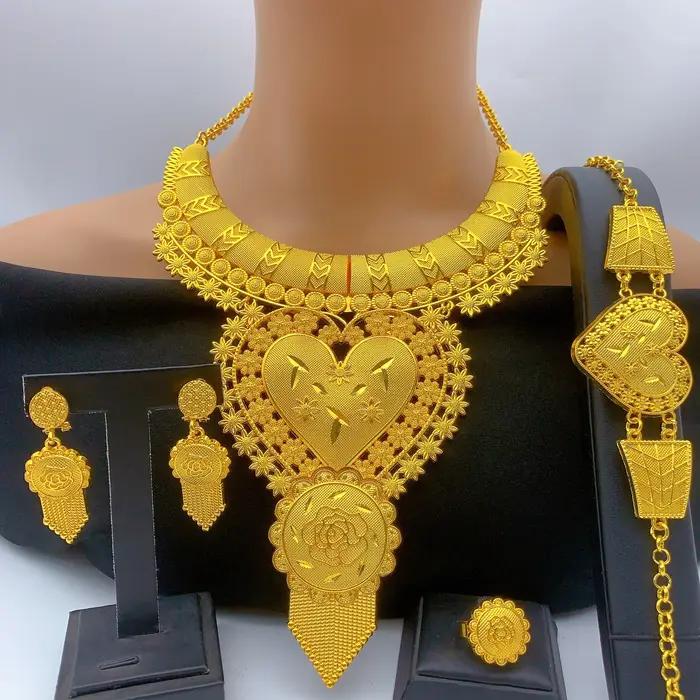 Ensemble collier et boucles d'oreilles couleur or 24 carats du Nigeria pour femme, grand pendentif a