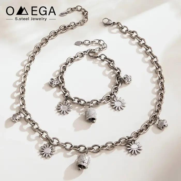 Bracelet de collier en acier inoxydable avec pendentif cloche en zircon brillant et colliers à breloques en forme de fleur pour femmes occasions spéciales