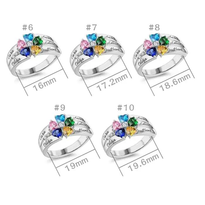 Bague Personnalisée en Pierre de Naissance et Zircone Cubique pour Mères et Grand-Mères, avec Gravure de Nom, Bijou Finition Cœur pour Femmes Occasions Spéciales