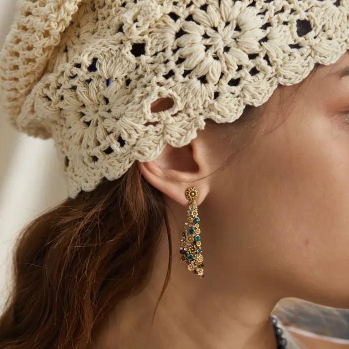 Vintage goutte Dangle strass fleur boucles d'oreilles déclaration esthétique femme 2025 luxe concepteur charme Antique bijoux accessoires