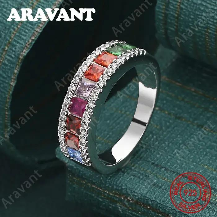 Bague ronde en argent sterling 925 avec zircone diamantée arc-en-ciel pour femme